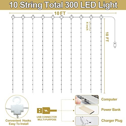 [טיימר] 300 אורות וילון פיות LED לחדר שינה בחלון, 10 רגל x 6.6 רגל תקע USB 8 מצבים חוט קיר אורות